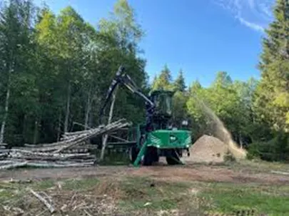Maskin som flisar bjørkevirke i skogen